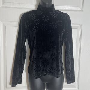 Vintage 80s Jazz Sport Shirt Women Small Black Tonal Floral Velvet Mock Neck Top